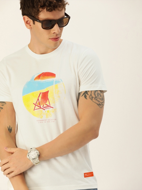 

SINGLE Men White Slim Fit Graphic Printed Round Neck Pure Cotton T-shirt