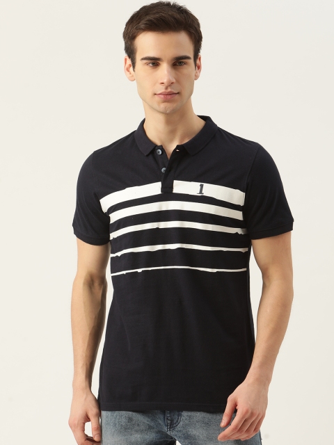 

SINGLE Men Navy Blue & White Pure Cotton Striped Polo Collar T-shirt