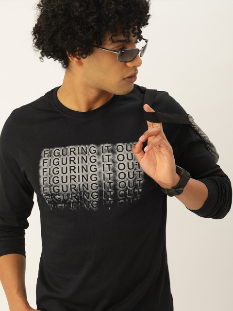 

SINGLE Men Black Typography Printed Slim Fit Pure Cotton T-shirt