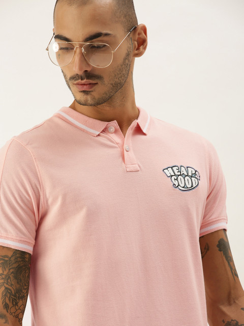 

SINGLE Men Pink Polo Collar Slim Fit Pure Cotton T-shirt with Embroidery