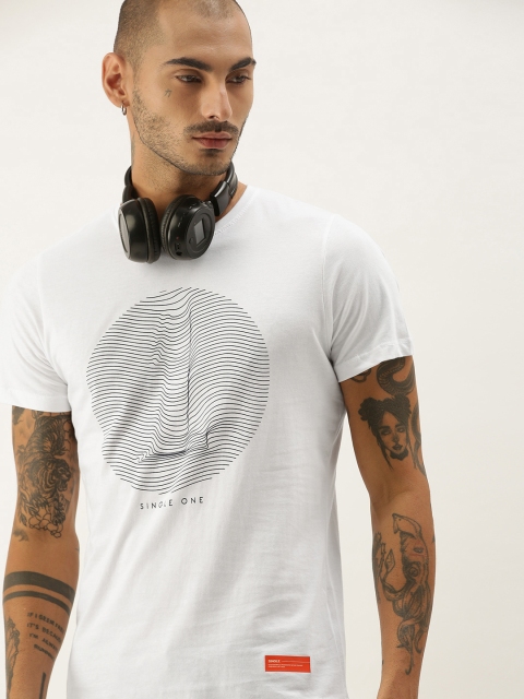 

SINGLE Men White Typography Printed Pure Cotton T-shirt