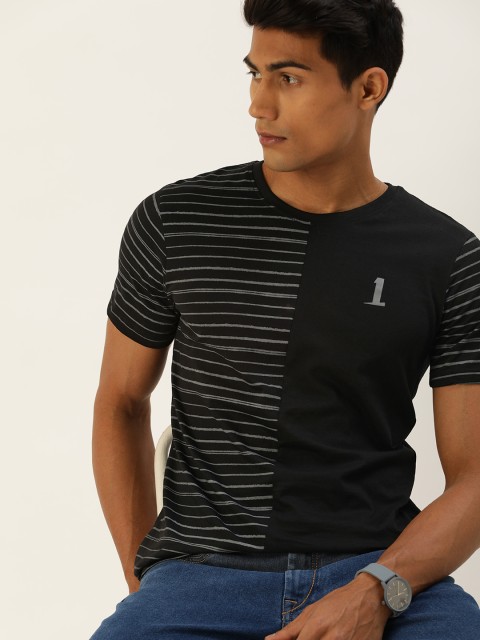 

SINGLE Men Black & Grey Striped T-shirt