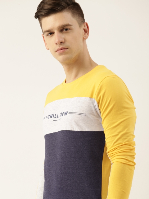 

SINGLE Men Yellow Navy Blue Colourblocked Pure Cotton T-shirt