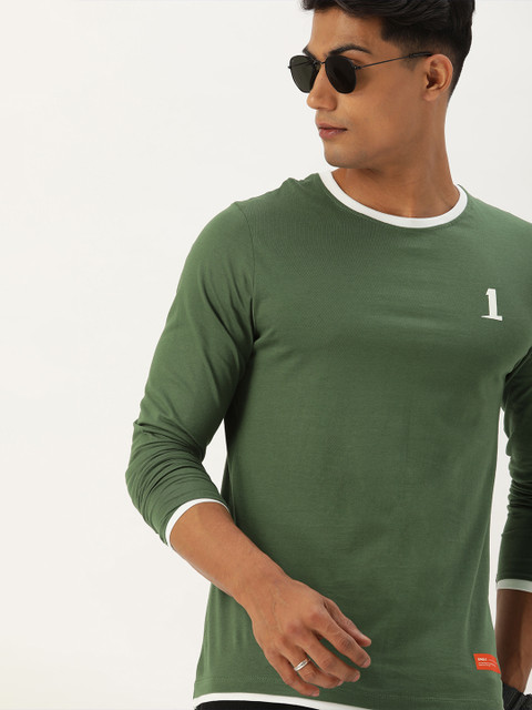 

SINGLE Men Olive Green Pure Cotton T-shirt