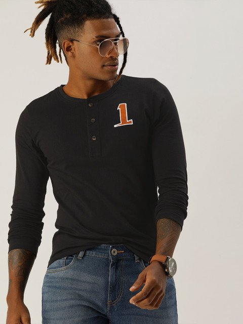 

SINGLE Men Black Henley Neck Slim Fit Pure Cotton T-shirt