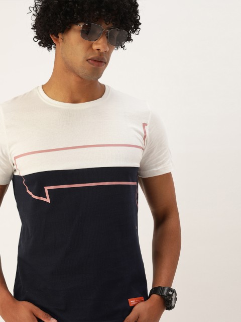 

SINGLE Men White Colourblocked Round Neck Slim Fit Pure Cotton T-shirt