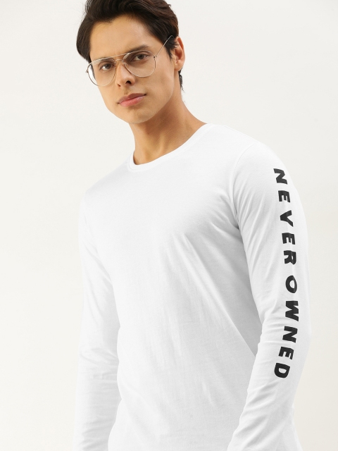 

SINGLE Men White Slim Fit Printed Sleeve Pure Cotton T-shirt
