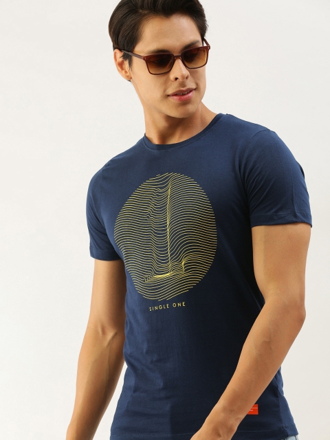 SINGLE Men Navy Blue &Yellow Printed Slim Fit T-shirt