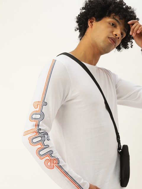

SINGLE Men White & Navy Blue Solid Cotton T-shirt with Typography Print Sleeves