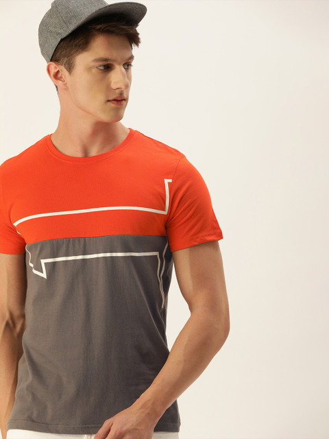 

SINGLE Men Orange Grey Slim Fit Colourblocked Round Neck Pure Cotton T-shirt