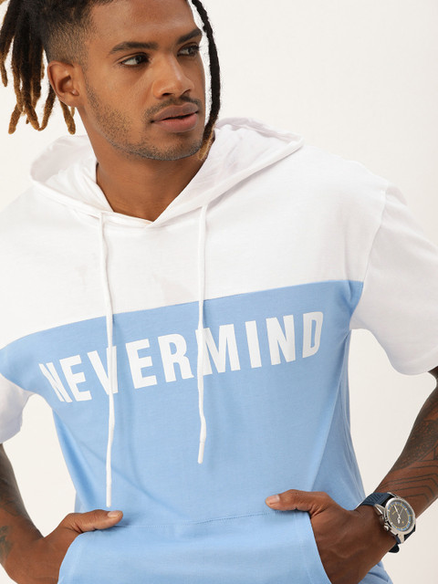 

SINGLE Men Blue & White Cotton Colourblocked Hooded T-shirt