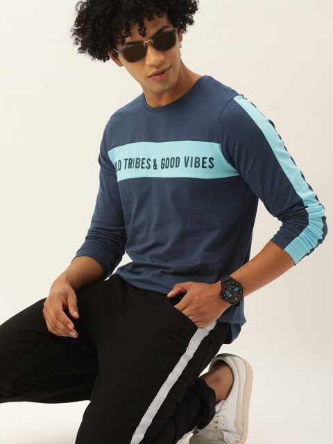 

SINGLE Men Teal Blue Striped Cotton T-shirt with Printed Detail