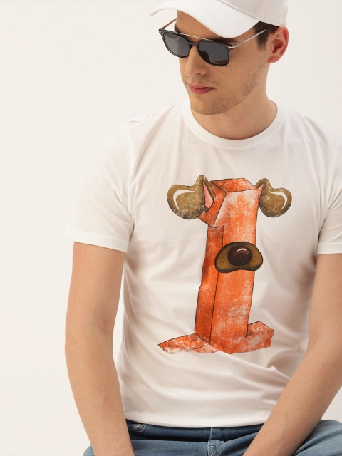 

SINGLE Men White Printed Round Neck Slim Fit Pure Cotton T-shirt