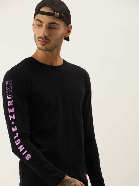 

SINGLE Men Black Pure Cotton T-shirt with Print on Sleeves