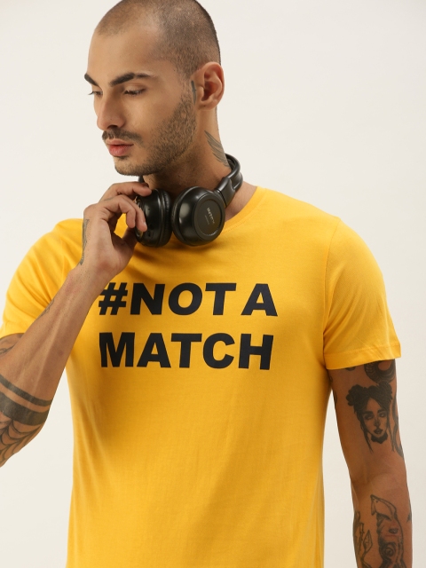 

SINGLE Men Mustard Yellow Typography Printed Pure Cotton T-shirt