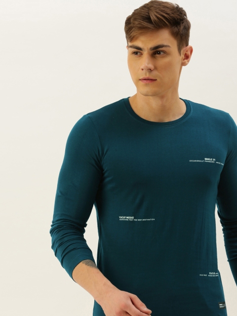 

SINGLE Men Teal Green Printed Round Neck Pure Cotton T-shirt