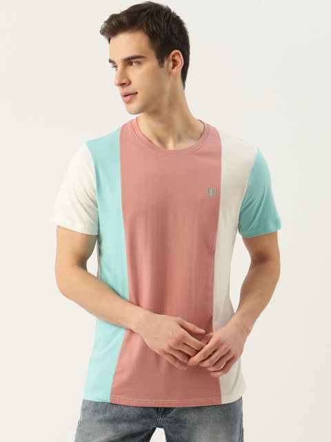 

SINGLE Men Peach-Colored Blue Pure Cotton Colourblocked Pure Cotton T-shirt