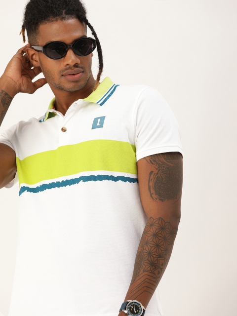 

SINGLE Men White & Green Cotton Striped Polo Collar T-shirt