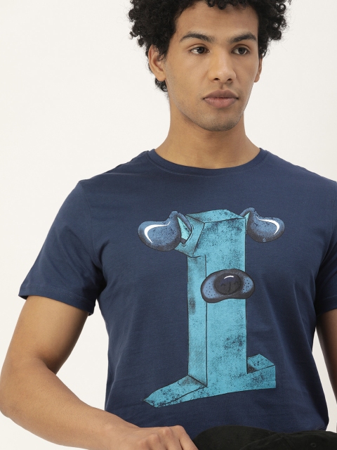 

SINGLE Men Navy Blue Typography Printed Slim Fit Pure Cotton T-shirt