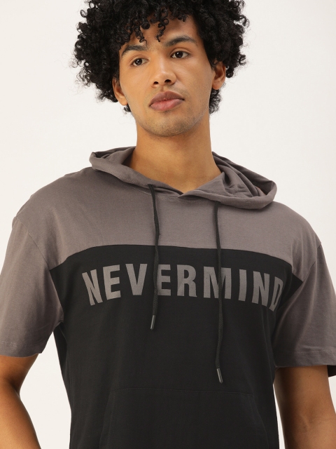

SINGLE Men Black & Charcoal Grey Cotton Colourblocked Hooded T-shirt