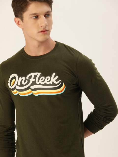 

SINGLE Men Olive Green Slim Fit Printed Round Neck Pure Cotton T-shirt