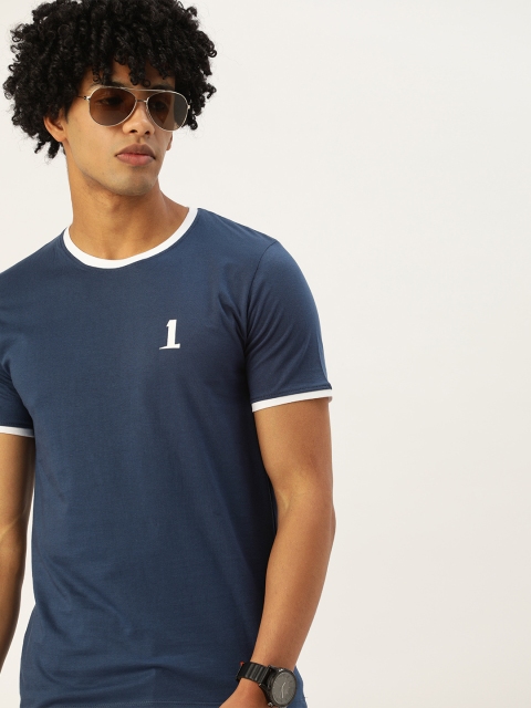 

SINGLE Men Navy Blue Pure Cotton Slim Fit Solid Round Neck T-shirt