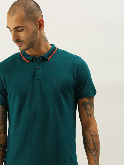 

SINGLE Men Teal Green Polo Collar Slim Fit Pure Cotton T-shirt