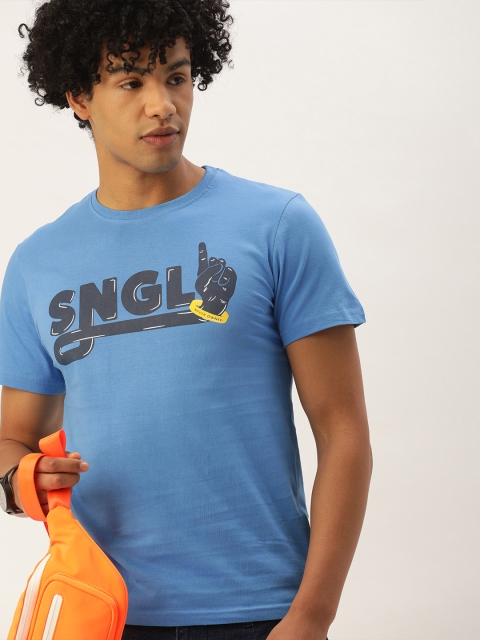 

SINGLE Men Blue Black Brand Logo Printed Slim Fit Pure Cotton T-shirt