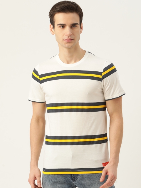 

SINGLE Men White & Black Striped Pure Cotton Slim Fit T-Shirt