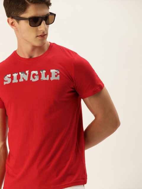 

SINGLE Men Red Slim Fit Printed Round Neck Pure Cotton T-shirt