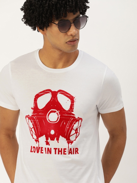 

SINGLE Men White Printed Pure Cotton Slim Fit Round Neck Pure Cotton T-shirt