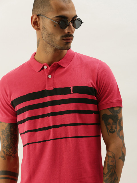 

SINGLE Men Pink Black Striped Polo Collar Slim Fit Pure Cotton T-shirt
