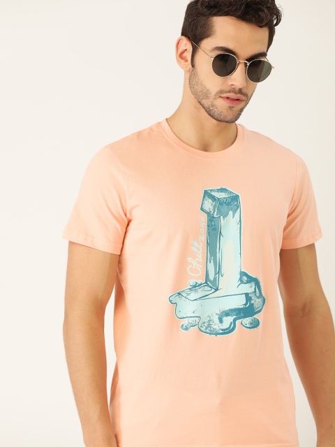 

SINGLE Men Peach-Coloured Pure Cotton Printed Round Neck Pure Cotton T-shirt
