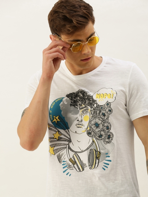 

SINGLE Men White Printed Slim Fit Round Neck T-shirt