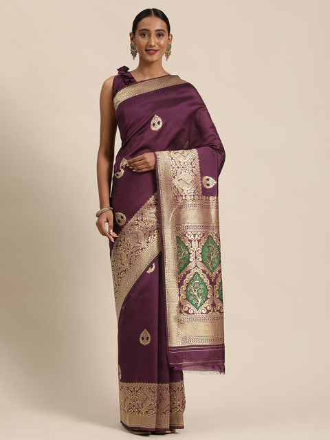 

Mitera Violet & Gold-Toned Woven Design Kanjeevaram Saree