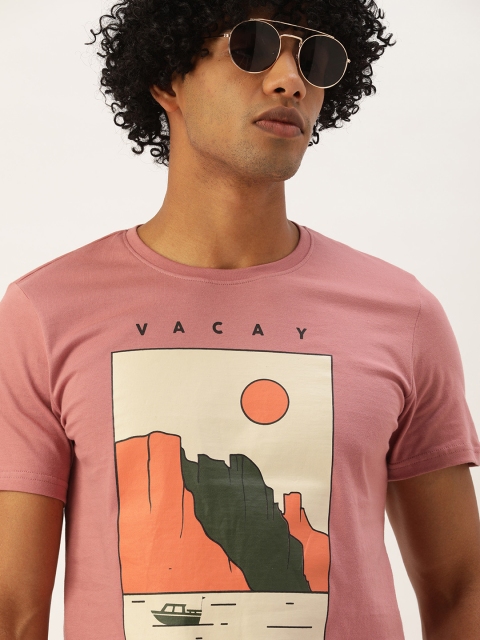 

SINGLE Men Pink Printed Round Slim Fit Neck T-shirt