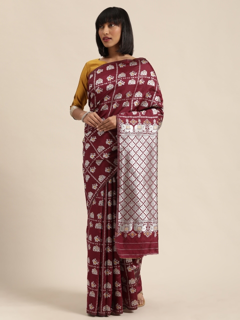 

Mitera Maroon & Silver-Toned Silk Blend Woven Design Kanjeevaram Saree