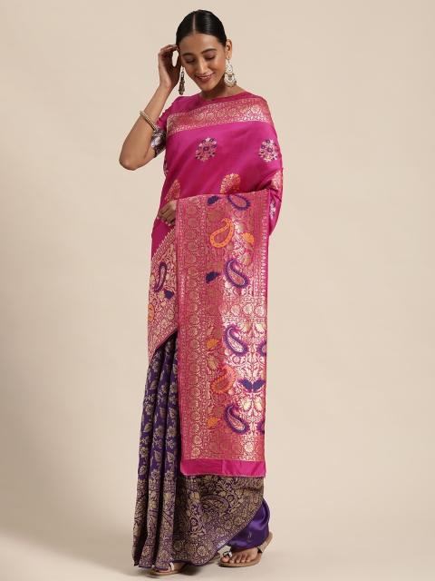 

Mitera Violet & Pink Silk Blend Woven Design Half and Half Kanjeevaram Saree