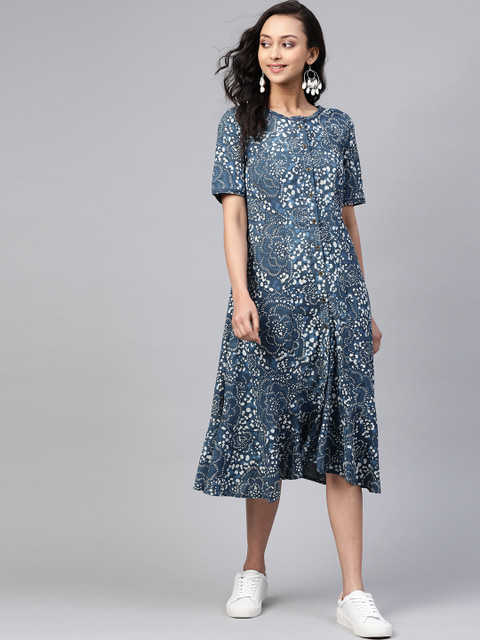 

Fabindia Women Navy Blue Dabu Print Cotton A-Line Dress