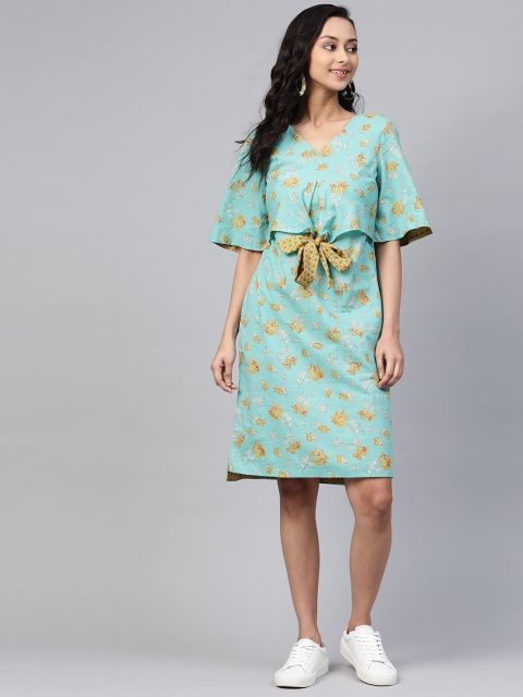 

Fabindia Women Sea Green & Brown Floral Printed Slub Effect Cotton A-Line Dress