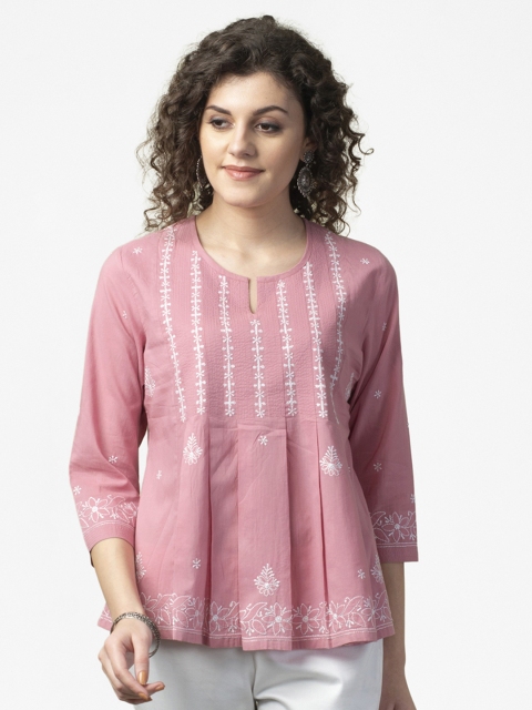 

Fabindia Pink & White Chikankari Embroidered Pure Cotton A-Line Top