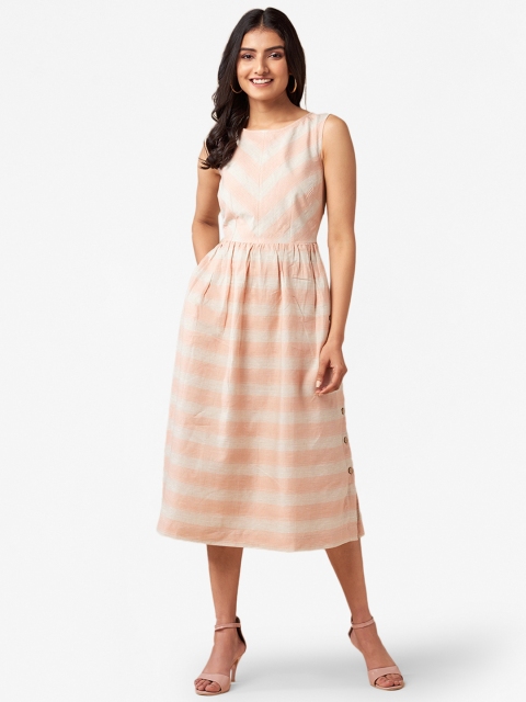 

Fabindia Women Peach-Coloured & Off-White Striped A-Line Dress