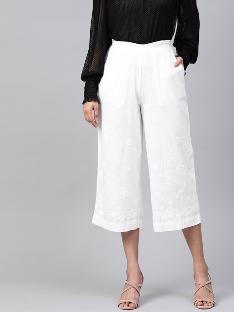 

Fabindia Women White Embroidered Cotton Straight Cropped Palazzos