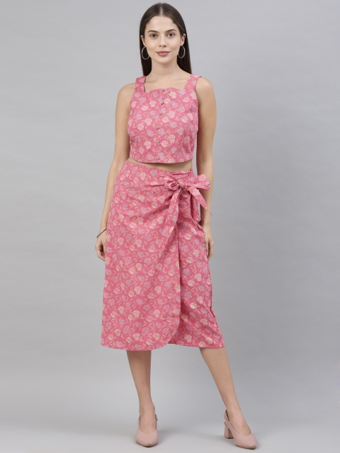 

Fabindia Women Pink & Beige Floral Printed Top with Skirt