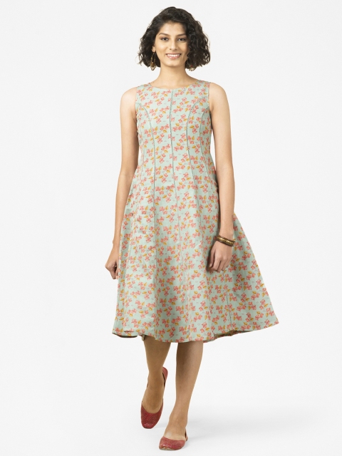 

Fabindia Women Green & Peach Ethnic Print Dress