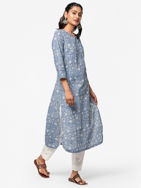 

Fabindia Women Blue & White Printed Pure Cotton Kurta