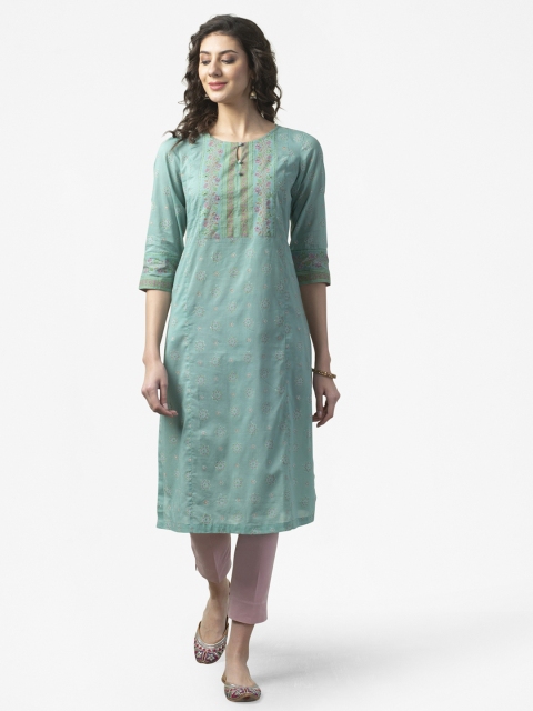 

Fabindia Women Sea-Green & Pink Hand Block Print Pure Cotton Straight Kurta