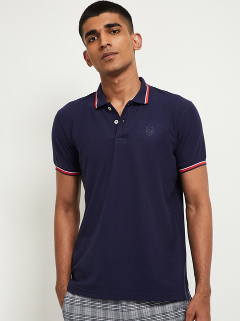 

max Men Navy Blue Solid Polo Collar T-shirt
