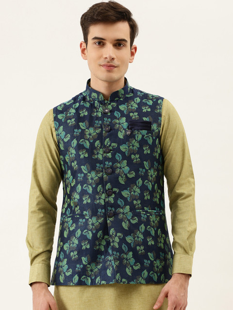 

Manyavar Men Navy Blue & Green Floral Woven Design Nehru Jacket with Brooch