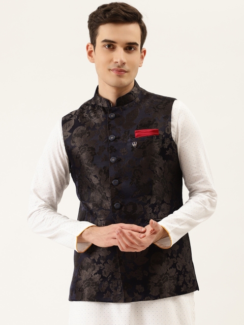 

Manyavar Men Navy Blue & Charcoal Grey Floral Woven Design Nehru Jacket with Brooch